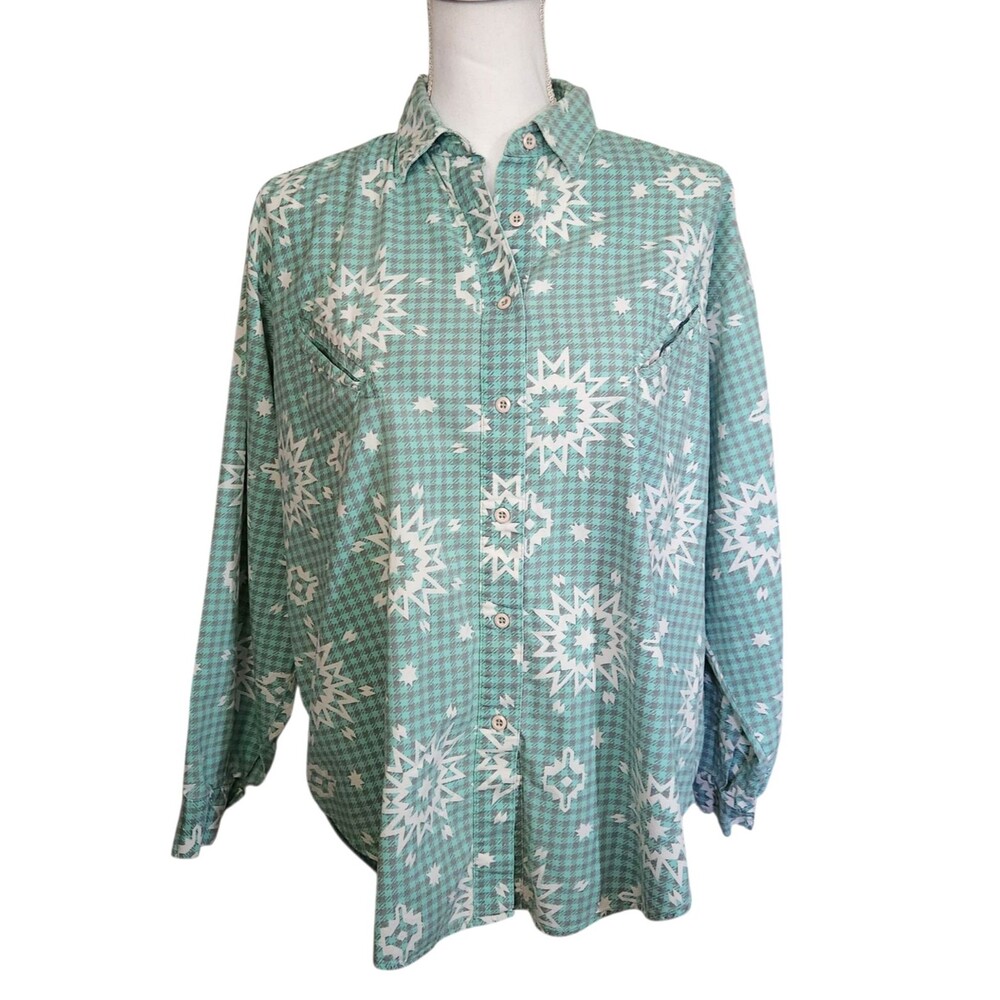 Vintage Mexx Emanuelle Shirt Slanted Pockets Green White Stars Womens Large/40